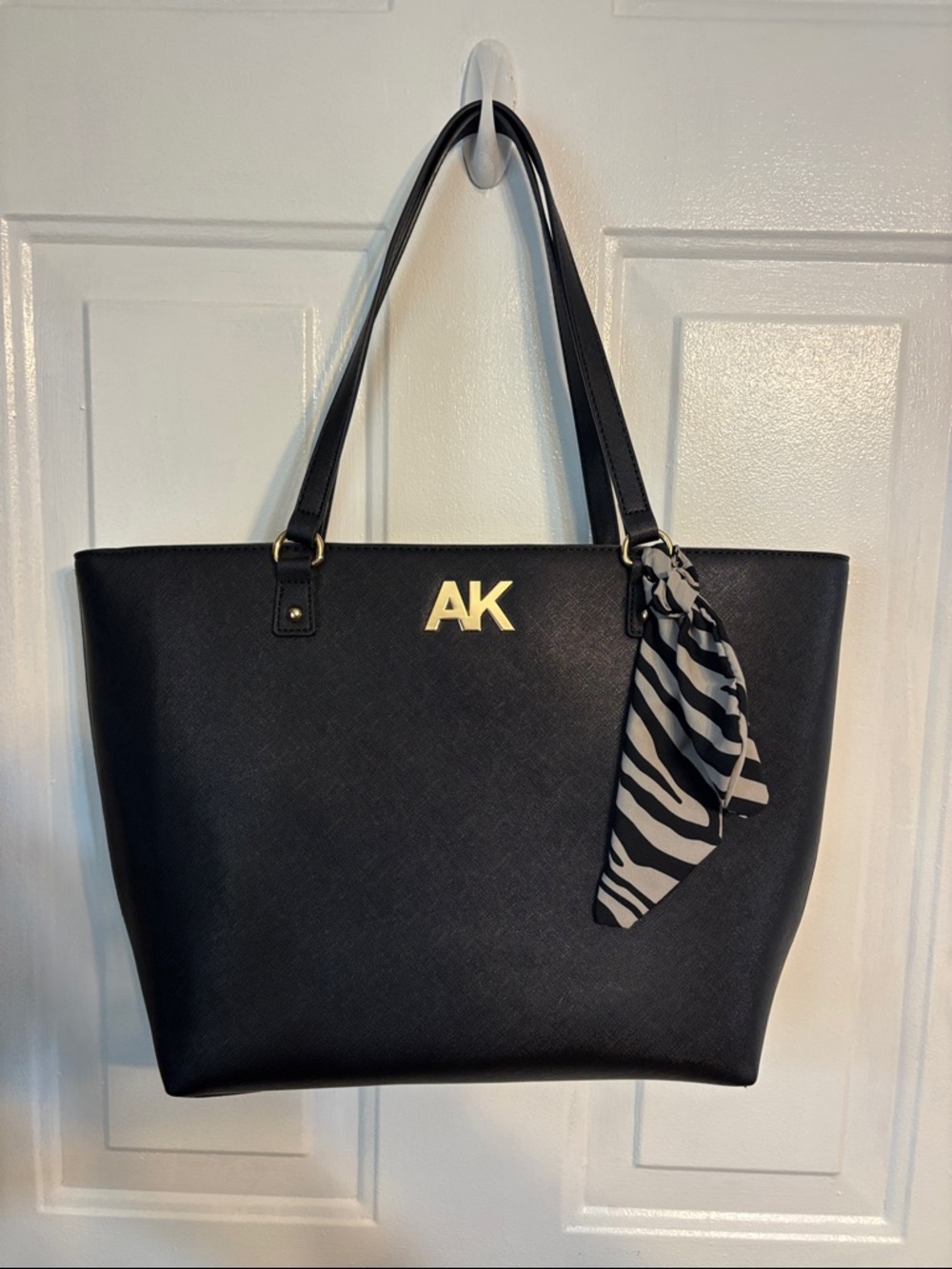 Anne Klein Black Tote with Gold AK Logo and Zebra Scarf
